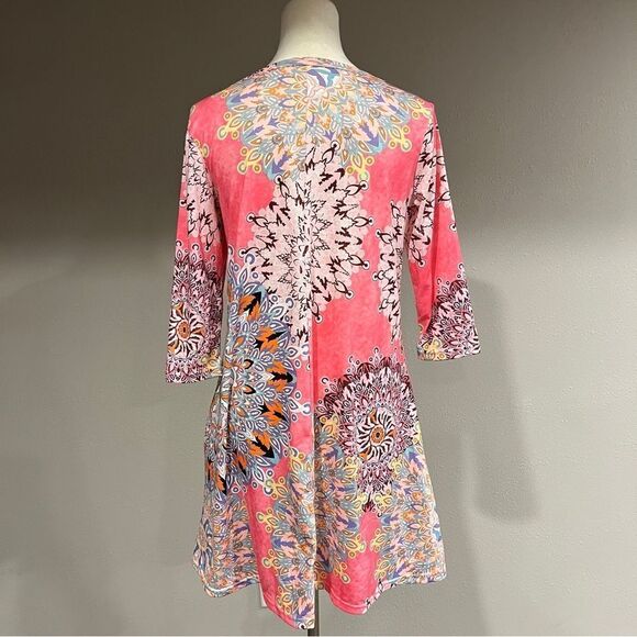 3/4 Sleeve Damask Floral Printed Tunic Dress Bohemian Swing Casual - Picture 6 of 12